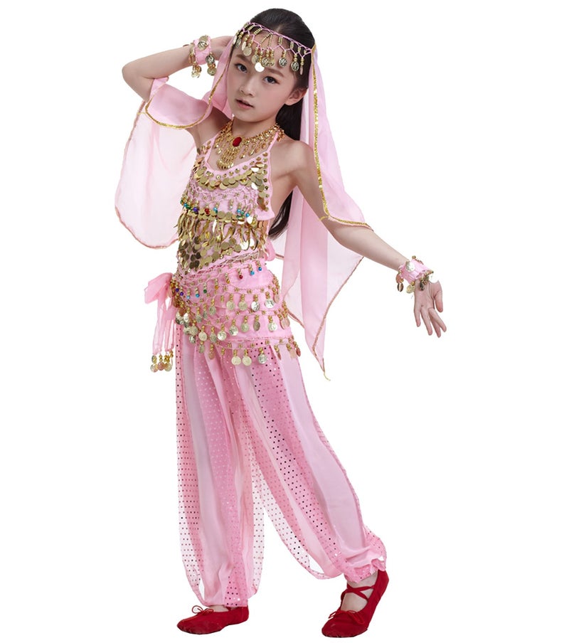 Astage Kids Princess Girl Indian Belly Dance Costume Cosplay Bollywood Ornaments Pink L - Image 3